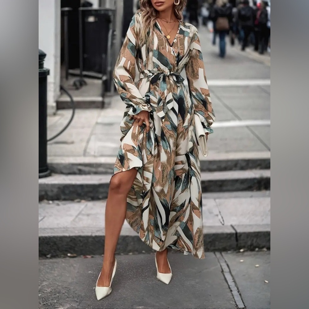 Printed Surplice Long Sleeve Maxi Dress